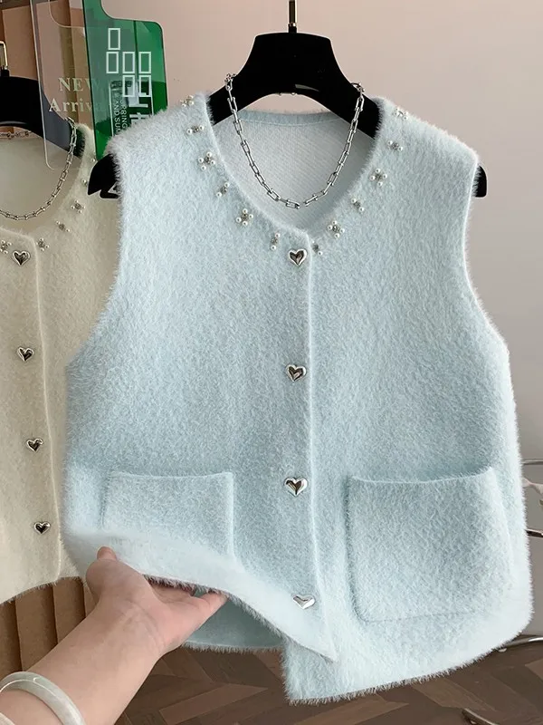 

Authentic Heavyweight Beaded Knitted Vest Women's Autumn Winter Jaet Small Fraance Sle Faionable Knitwear Top