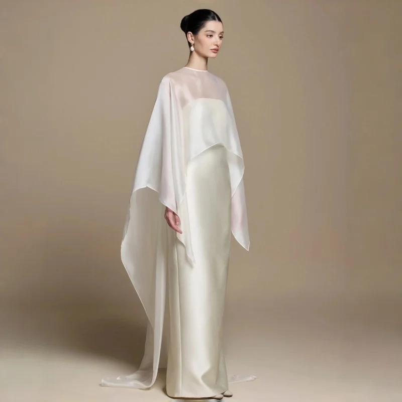 Women Chiffon Long Cape High Low Flowy Poncho Sheer Mesh Shawl and Wraps Capelets Bridal Wedding Evening Party