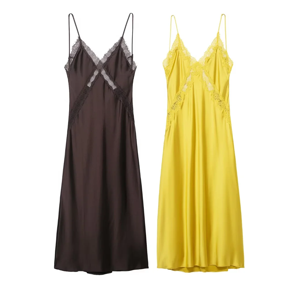 2025 Winter nieuwe dameskledingstijl sexy mouwloze afslankende midi-jurk met kanten satijnen textuur