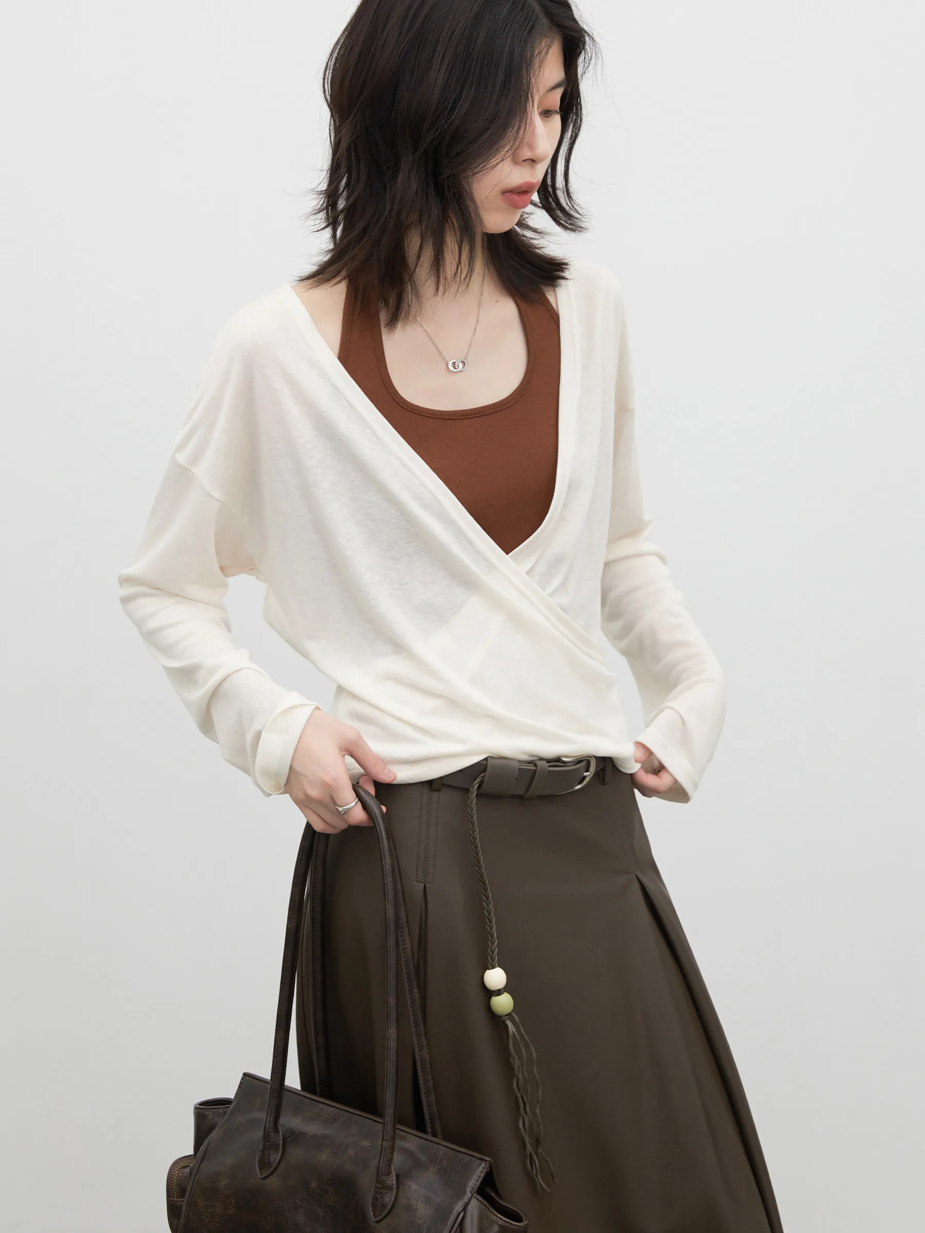 CHIC VEN New Women T-Shirts Cross V-neck Two-piece Contrast-color Halter Vest Lady Long-sleeved Top Pullover Spring Autumn 2026