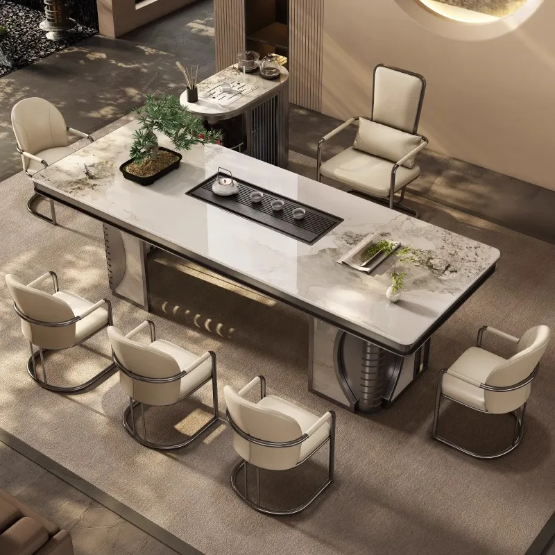 

Luxury stone rock slab tea table light luxury modern tea table and chair combination office villa new Chinese style