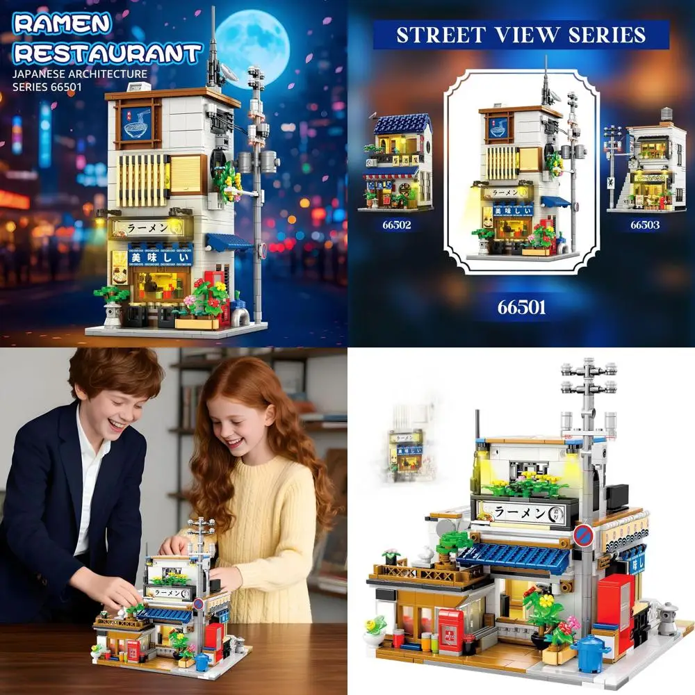 طقم بناء منزل رامين ياباني & Street View، 2 في 1 مع ضوء، معماري على الطراز الياباني، هدية مثالية للأعمار من 14 عامًا فما فوق