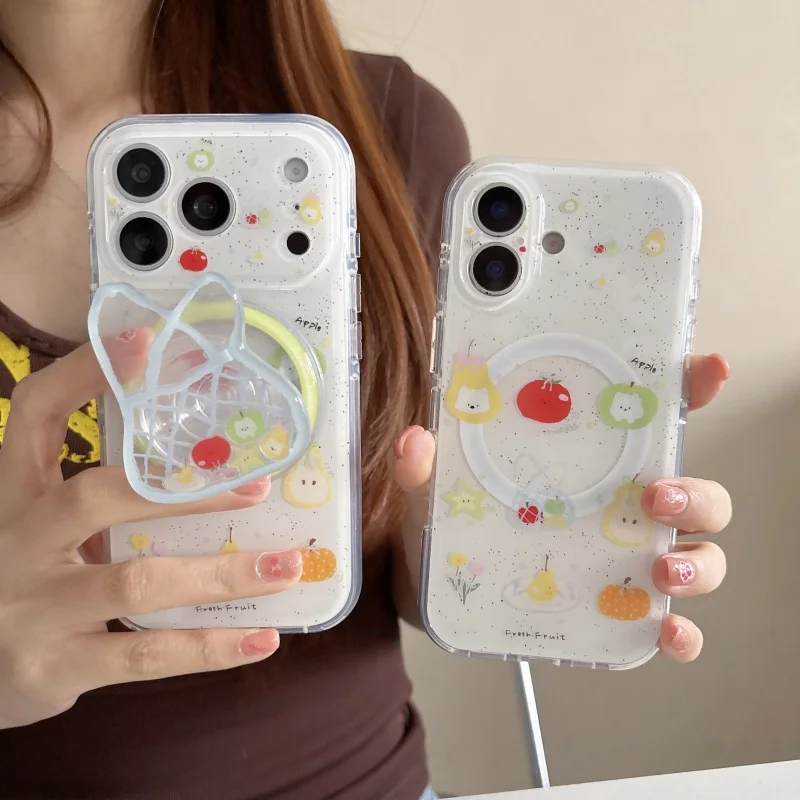 

Korean Cute Fruit Splash Ink Magnetic Phone Case For iPhone 17 Pro 16 15 Pro Max Cover with Shopping Bag Stand For Magsafe Cases