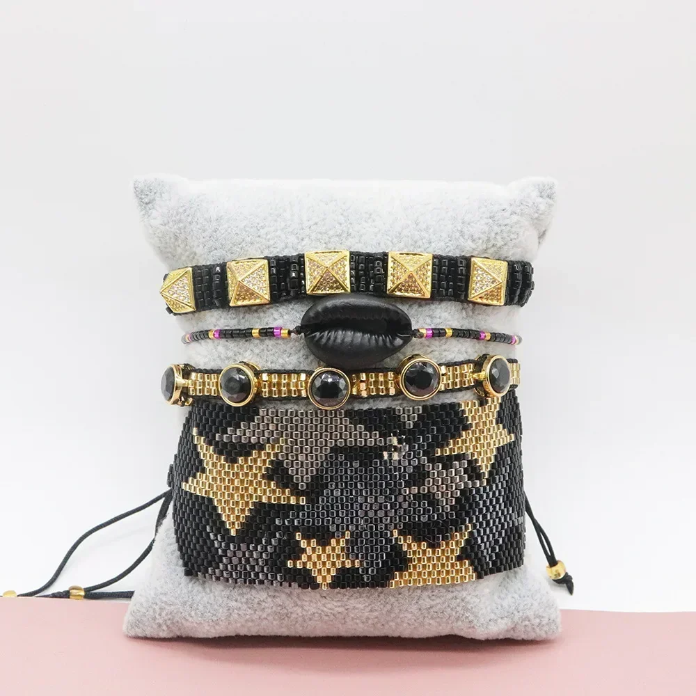 Rice bead bracelet suit  Hand woven  rivet  shell  zircon  five-pointed star  black  Bohemia  Adjustable Female Beaded Bracelet