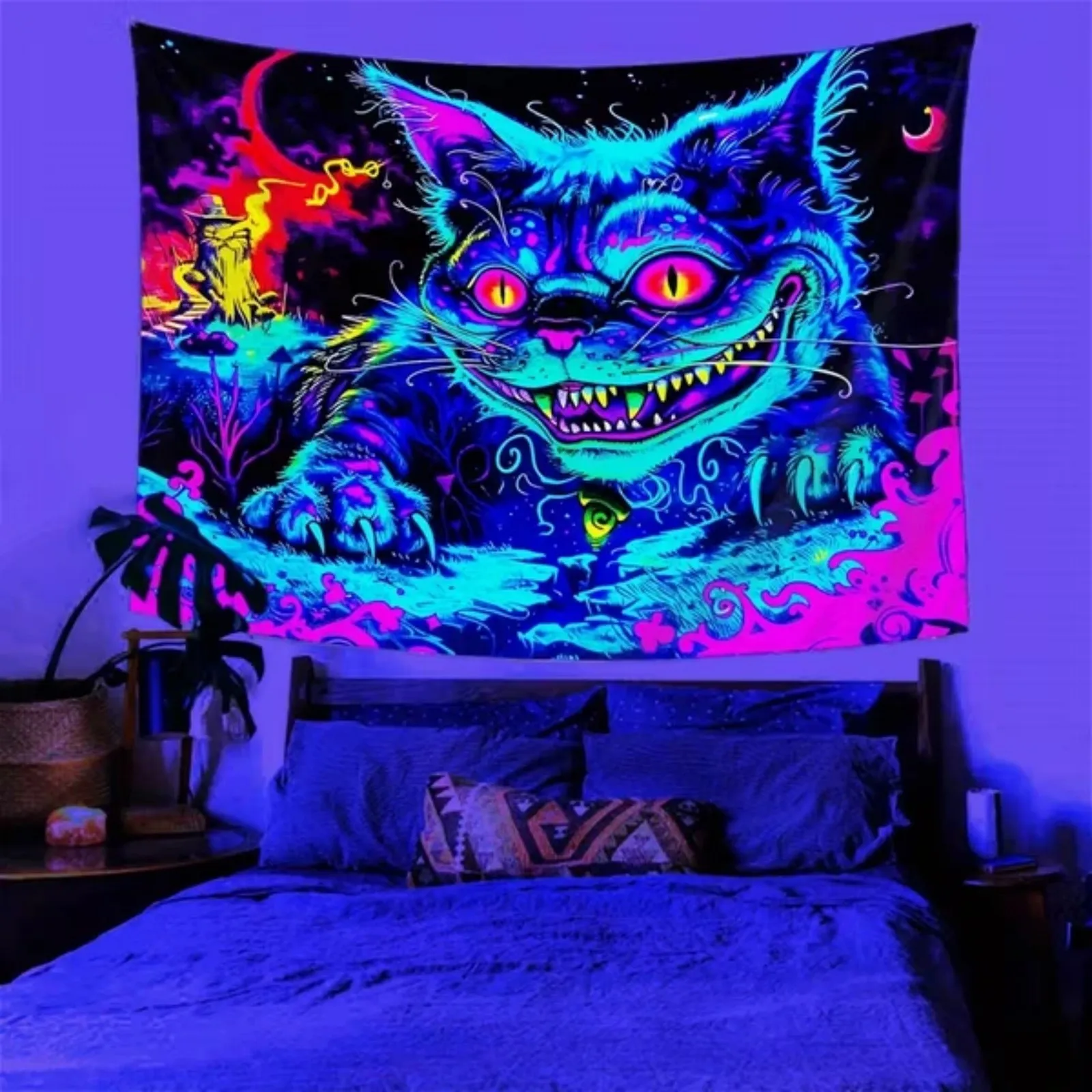 UV Activated Neon Colors Black Light Reactive Fierce Giant Cat Tapestry - Polyester Wall Hanging for Bedroom, Living Room, Office Decor - Multifunctional Aesthetic Home Accessories, Cats Decor