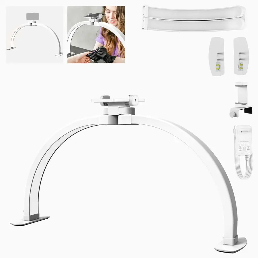 

BASICS 23 Half Moon Nail Light for Desk, 308 LEDs 28W Bi Color CRI85 Foldable Nail Tech Table Arc Lamp with Overhead Phone Moun