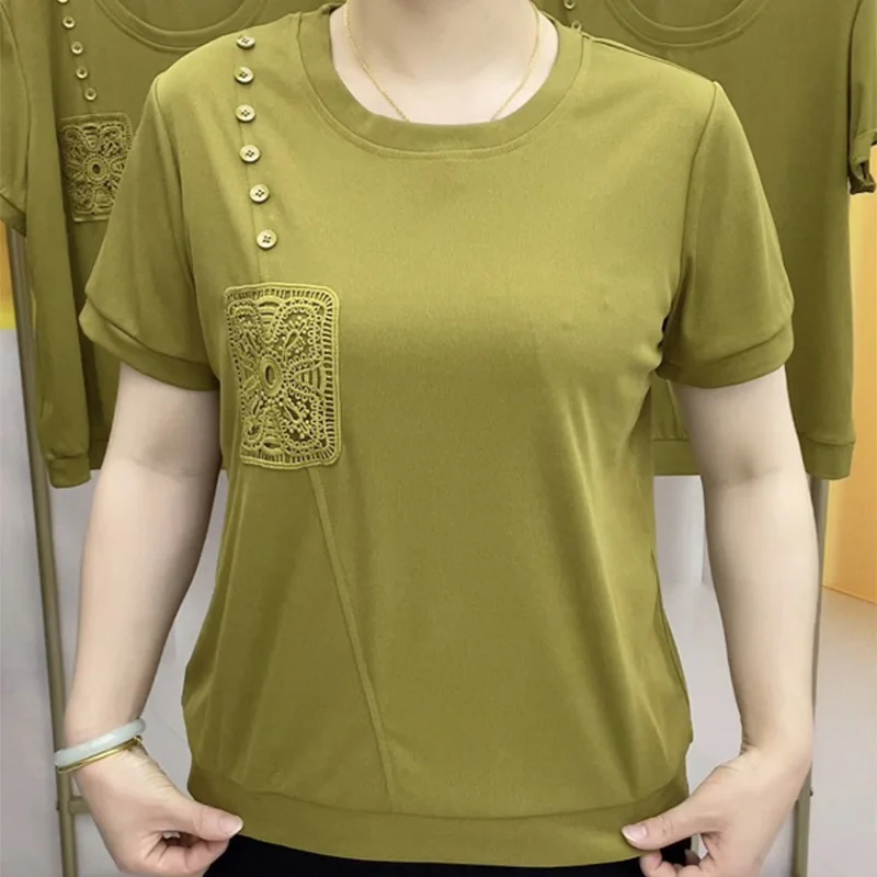

Round Neck Pure Cotton Solid Base Shirt Summer Casual Short-sleeved T-shirt Large Size Middle-aged and Elderly Mothers Wear Tops