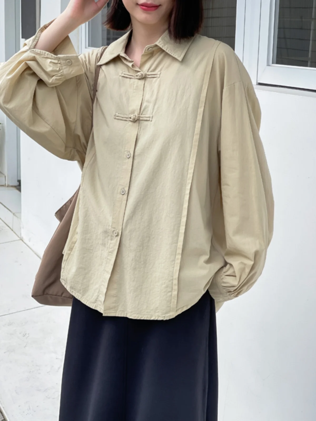 

Phil Dan New Chinese Sle Pure Color Long Sve irt Waed Cotton Loose Midi Top Spring New 2306 Button down irt