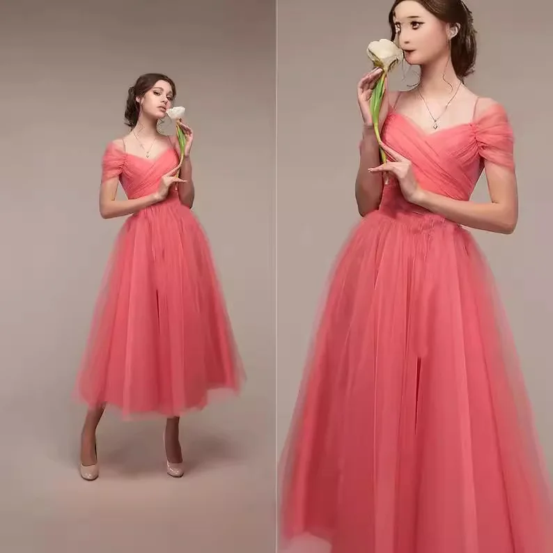 J60 Sweet Memory A-Line Tulle Bridesmaid Dresses Green Dark Red Tea-Length Wedding Party Dress
