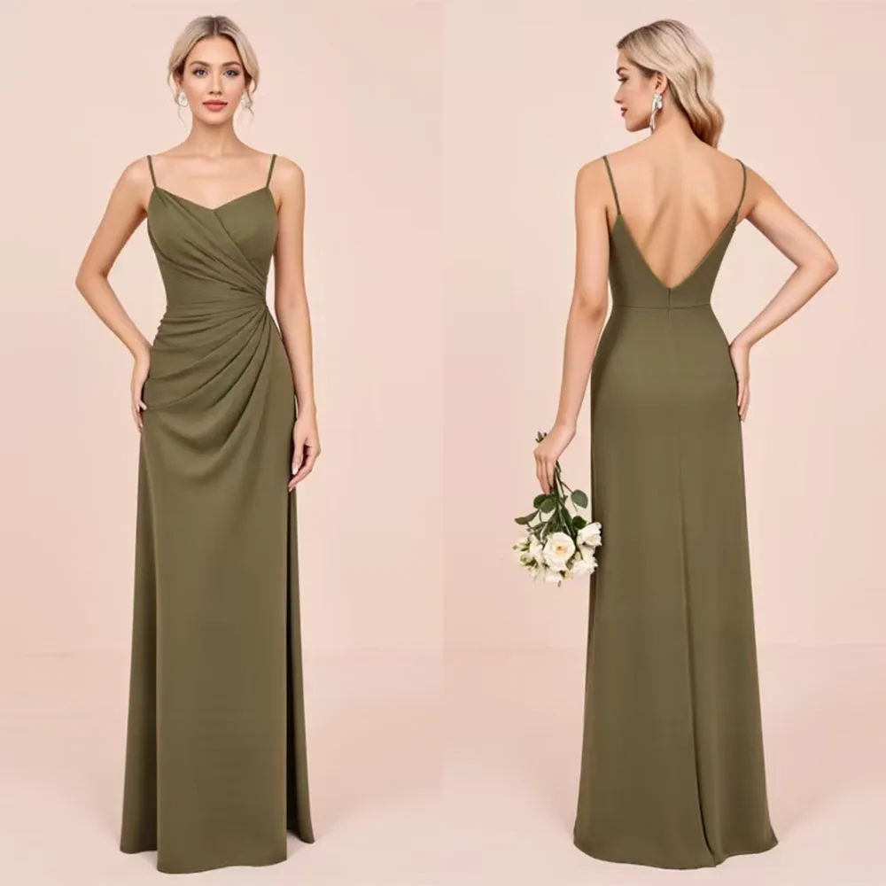 

High Quality Customized V-neck Backless Floor Length Thin Suspenders Sleeveless Wrinkle Green Wedding Party Dresses Zipper Women