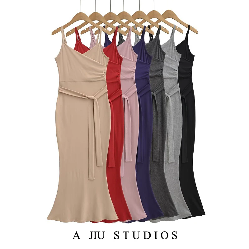 

Sexy Strapl Bodycon Dr Women's Waist-Cinching Long Skirt Svel Belted Slimming Wrap around Mid-Length Casual Gown