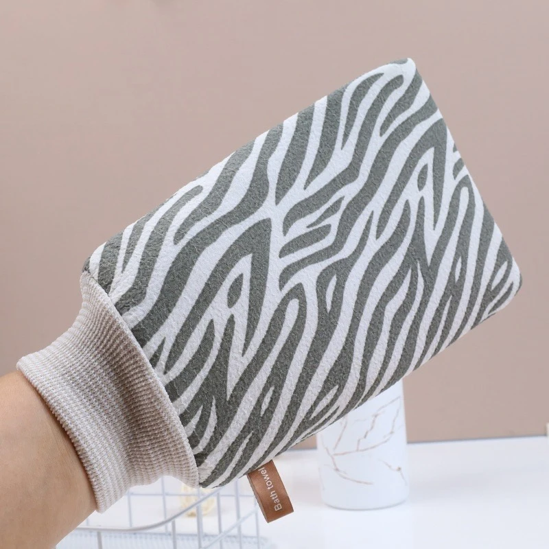 Nowe Rękawice do Kąpieli w Paski, Mocne do Szorowania, Dwustronne, Uniwersalne, do Usuwania Zanieczyszczeń, Peelingujące, Wzór Zebra
