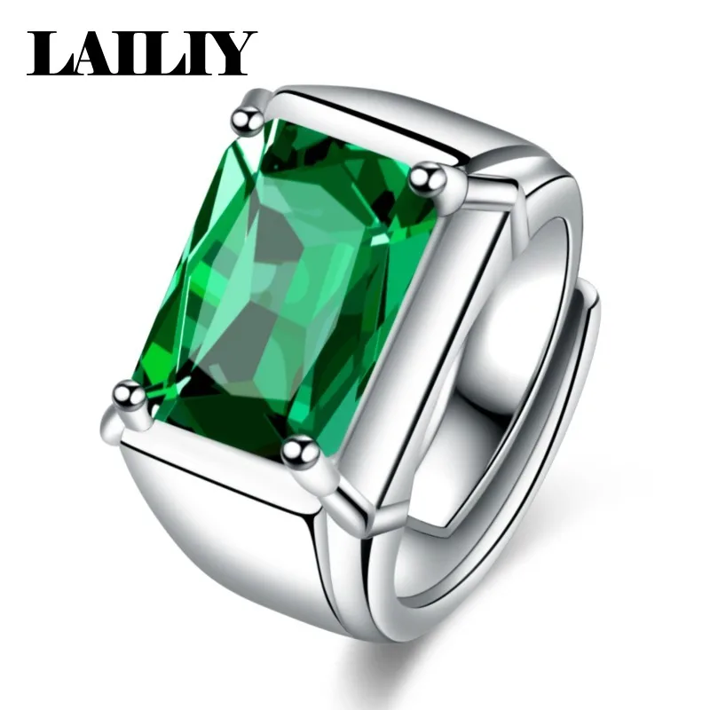 LAILIY925 Sterling Silver Gift Rectangular Simple Emerald Adjustable Ring For Men Women Fashion Jewelry