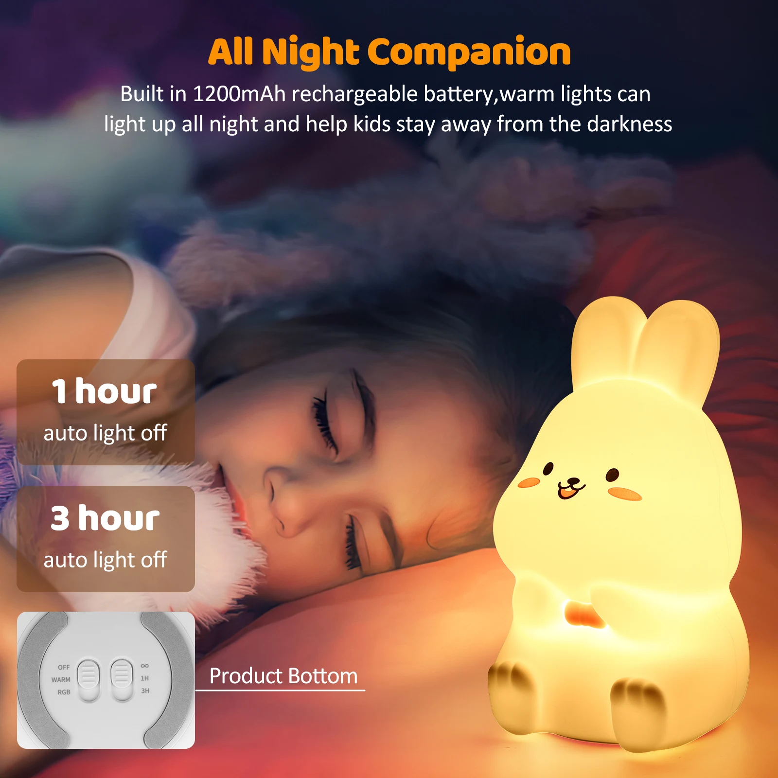 LED Night Light Rechargeable Silicone Squishy Rabbit Lamp Touch Sensor Dimmable Child Gift Creative Bedroom Desktop Decor Lamp