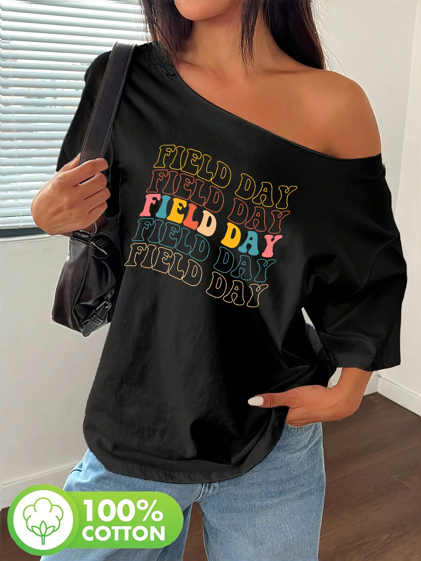 

Field Day Plus Size 100% Pure Cotton Shoulder Loose Y2K T-shirt, Oversized Women's Top, Summer Off Shoulder Top