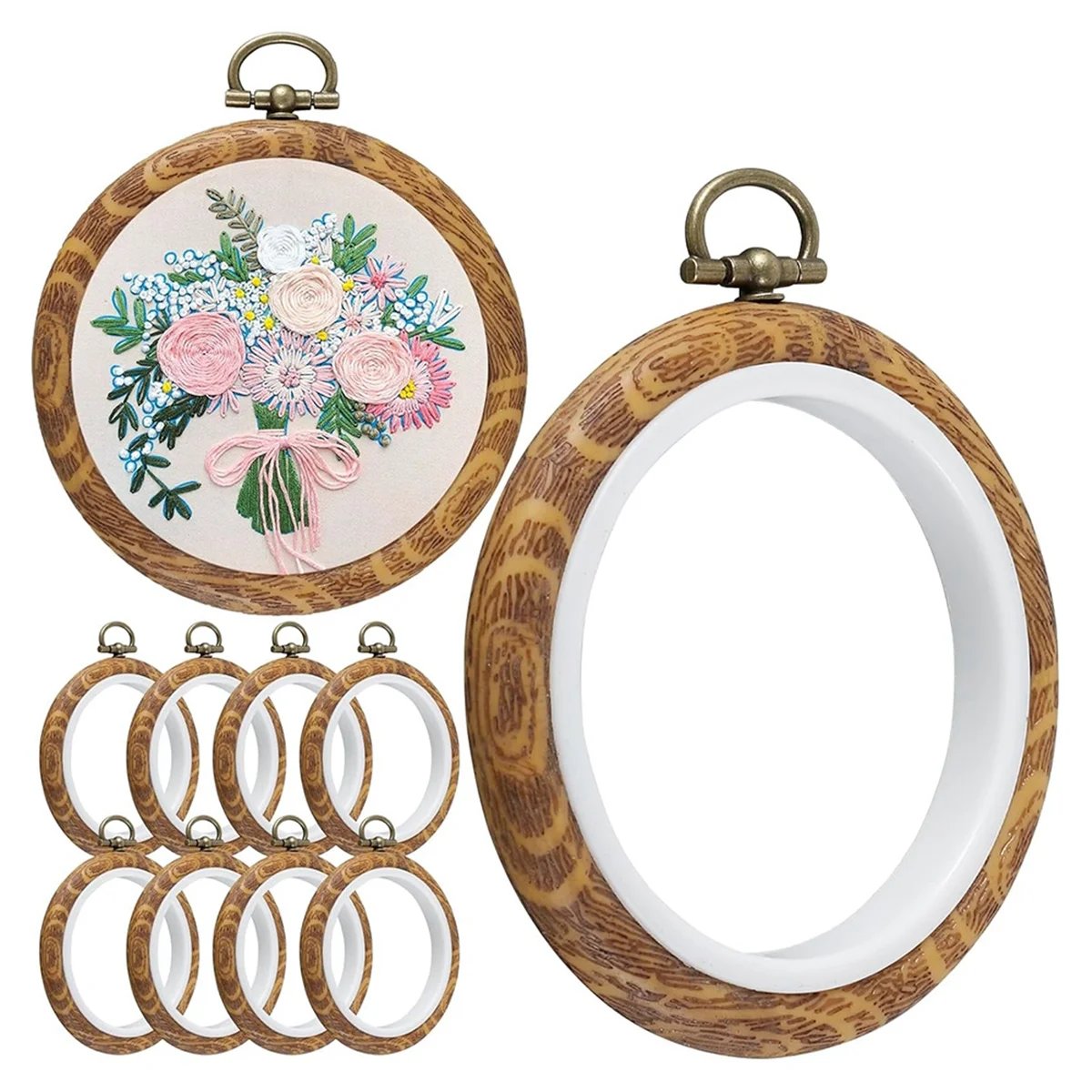 10Pcs Round Embroidery Hoops, 3 Inch Imitated Wood Embroidery Display Frame Kits, for DIY Art Craft Sewing and Hanging