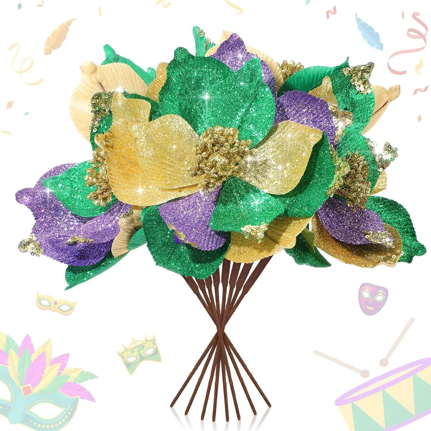 

9 шт., 8 дюймов, бархатные цветы пуансеттии — фиолетовые, золотые, зеленые искусственные стебли цветов Марди Гра для декора праздничной вечеринки