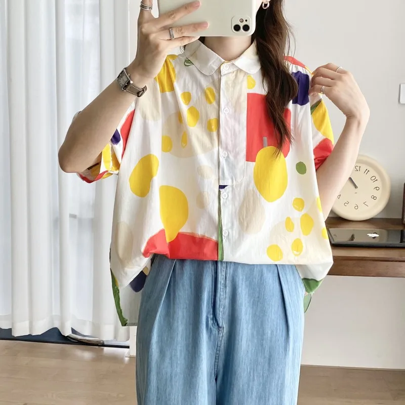 New Spring Cotton Loose Fashion Shirt Women Printed Short Sleeve Tops Girl Large Casual Blouses 2024 Summer T44612QM