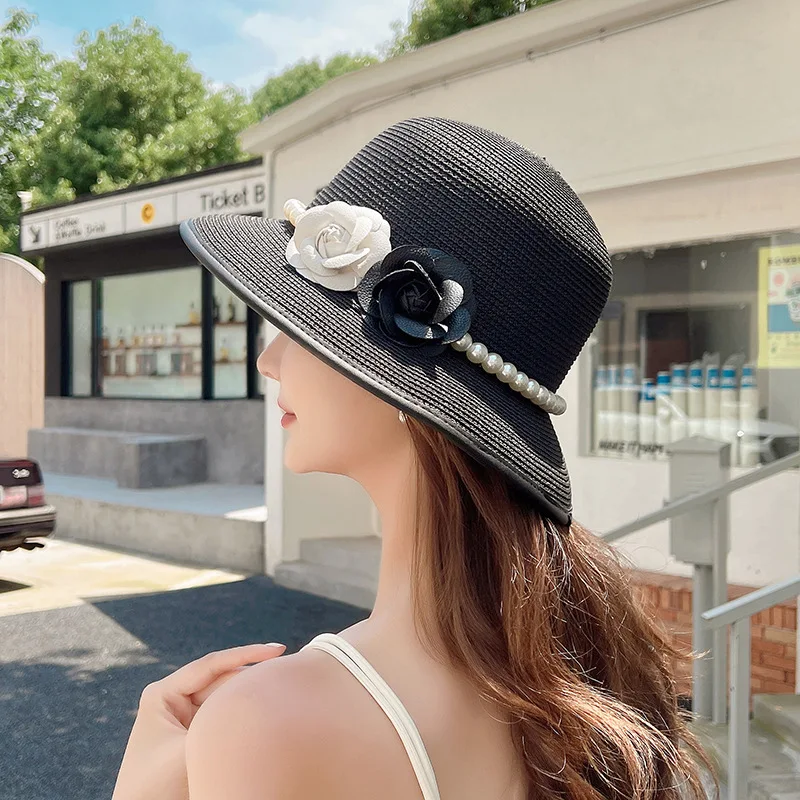 Sun Hat for women Summer Vintage Elegant Pearl Flower Fisherman Hat Hepburn Wind Sunshade Straw Hat Beach Hat sombrero