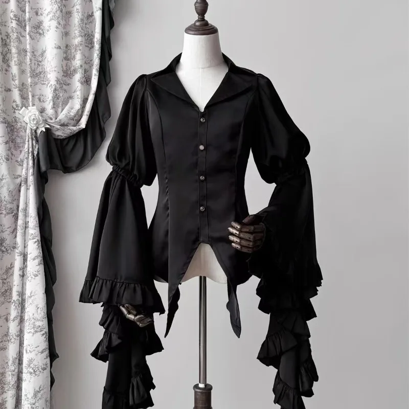 Spring Vintage Gothic Lolita Style Shirt Women Elegant Lace Ruffles Flare Long Sleeve Blouses Y2k Aesthetic Punk Subculture Tops - view 5