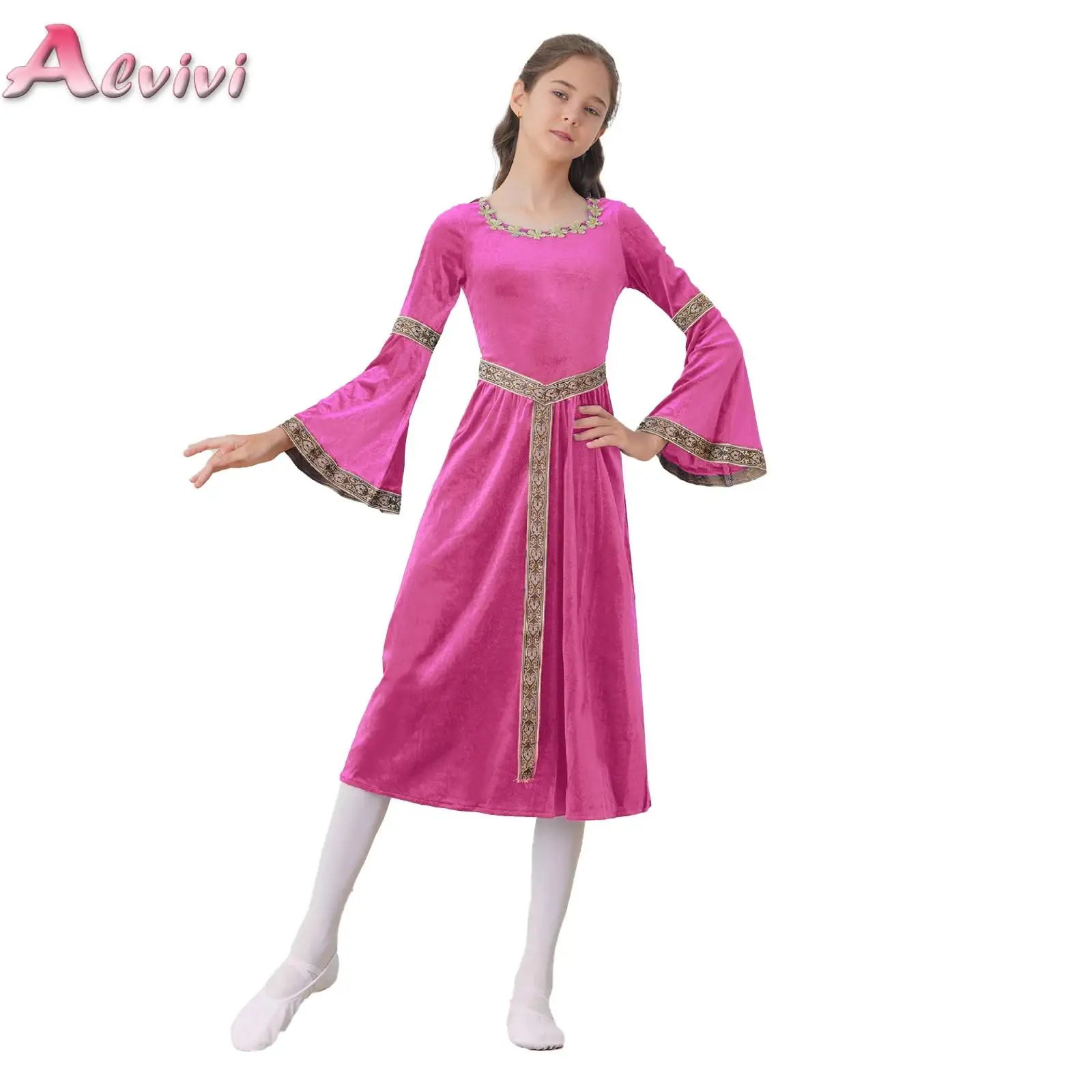 فستان الأميرة للفتيات من العصور الوسطى، زي عصر النهضة القوطي العتيق، فستان مخملي بأكمام طويلة مضيئة، فستان حفلات الهالوين #1