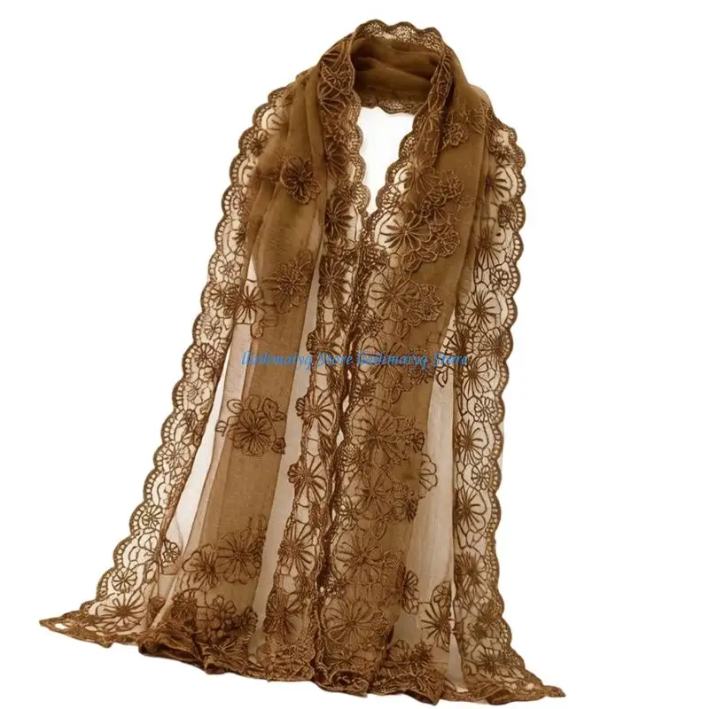 573B Lace Sheer Flower Hijab Shawl Head Wrap Scarf for Malay Women Sunproof Travel