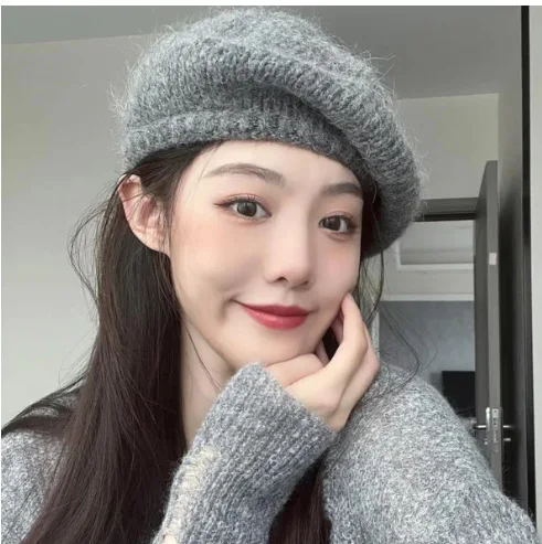 INS Casual Solid Color Fall Winter Knit Beret Hat for Women Trendy Plush Painter Hat Versatile Oversized Face Slimming Beanie