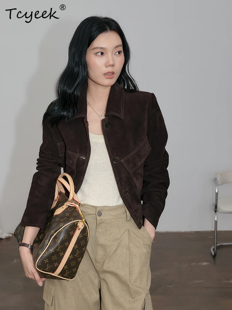 Tcyeek 本物の羊革 春秋 ハイエンド スエード スタンドカラー ショート丈 レディース 本革ジャケット 女性用レザージャケット