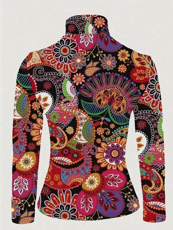 Women Mock Neck Paisley Floral Print Long Sleeve Slim Fit Boho Casual Basic Top