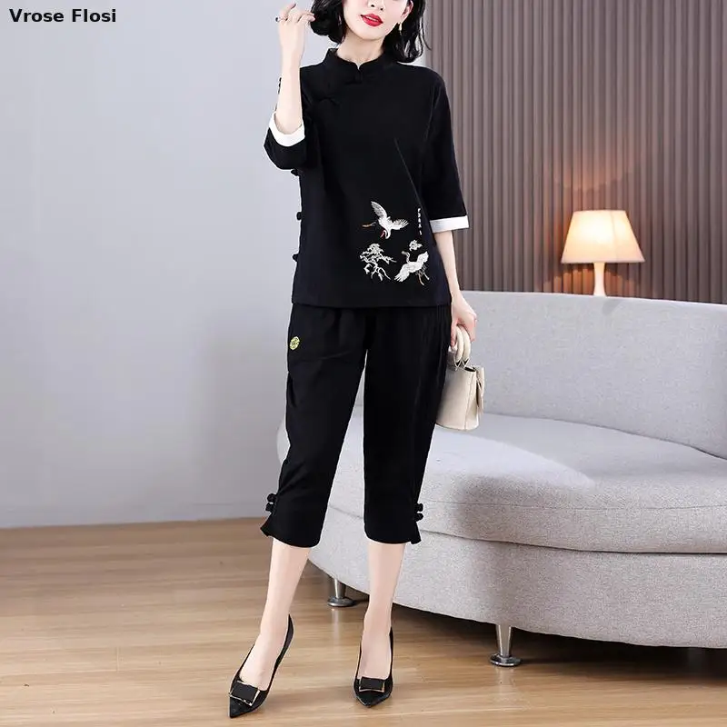 Cina tradizionale Casual sciolto donna Hanfu nero top Harajuku Vintage stile cinese gru ricamo cotone lino Tang vestito nuovo