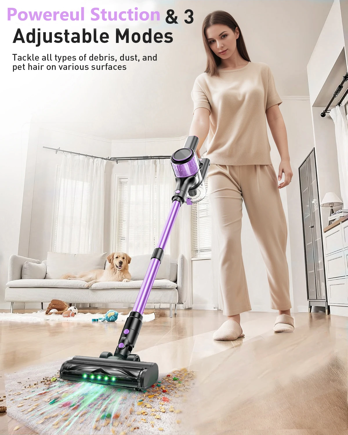 10-in-1 강력 무선 진공청소기, LED 디스플레이, 3가지 흡입 모드, 45분 배터리, 단단한 바닥, 카펫 및 애완동물 털용