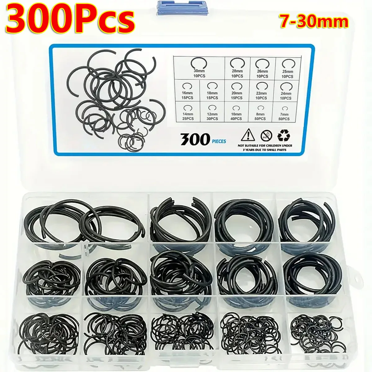 300Pcs Metric 7-30mm Round Wire C-Clips Internal Snap Rings Retaining Clip Ring Set Assortment Kit for Hole Black Finish Steel