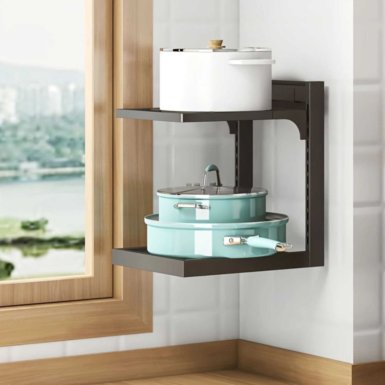 قطعة واحدة من منظم وعاء ومقلاة متعدد الطبقات - رف أواني طهي موفر للمساحة لمستلزمات المطبخ - وصول تحت الحوض والخزانة على سطح الطاولة