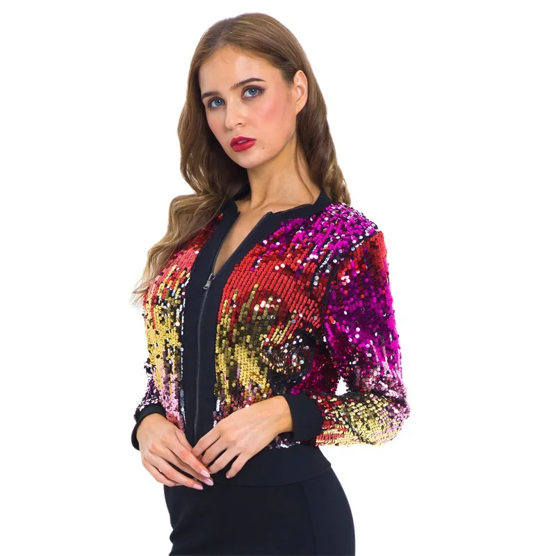 Women Colorful Sequin Bomber Jacket Fashion Streetwear Stand Collar 2023 Spring Autumn Ladies Casual Coat Zip Up Baseball Jacket