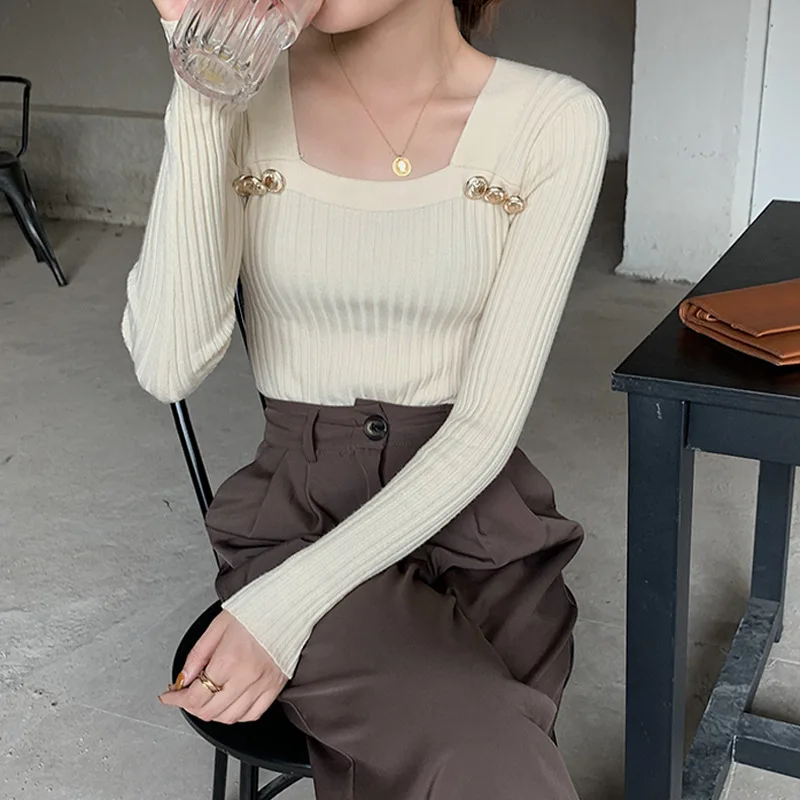 Korejpaa Early Autumn Women Clothing Square Neck Base Sweater Solid Color Inner Layer Slim Fit Pullover Long Sleeved Knitted Top