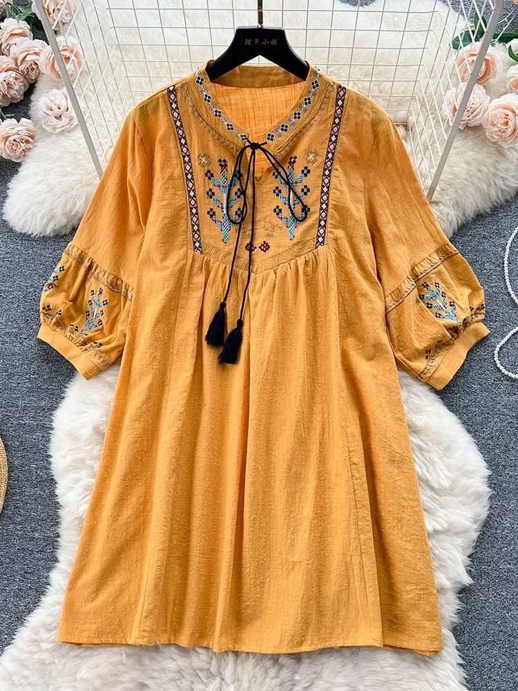 Women Summer Dress New Casual Embroidered Bubble Sleeves Ethnic Style Loose and Slim Foreigner Style Short Dress D4569