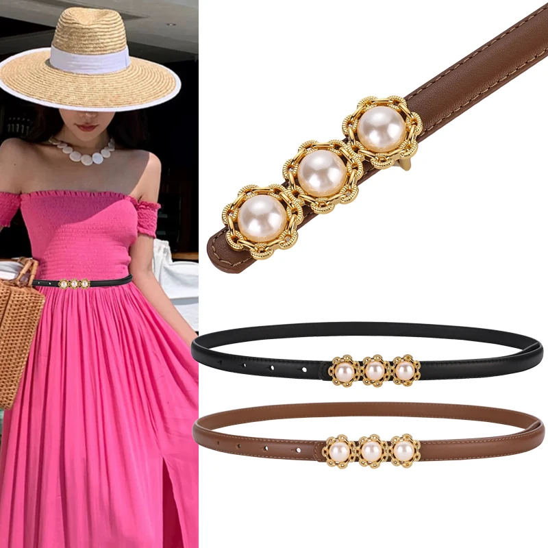 

New Elegant Designer Belt For Women Luxury Pearl Gold Metal Buckle Ladies Waistband Matching Female Dress Genuine Leather Girdle