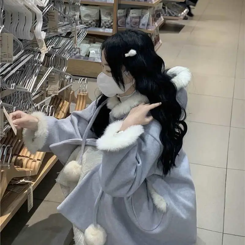 

Плюшевое шерстяное пальто с капюшоном, женское зимнее плюшевое утолщенное среднее и длинное маленькое шерстяное пальто синего цвета