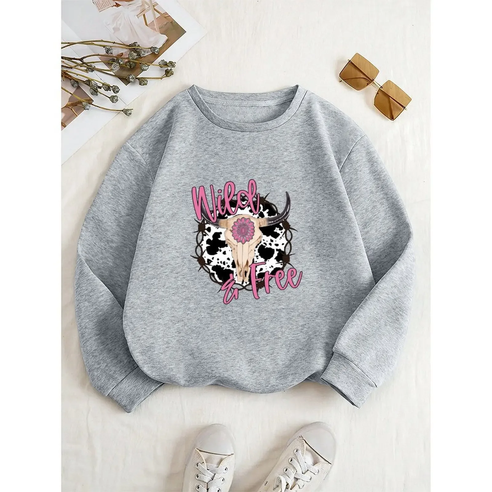 المرأة جولة الرقبة طويلة الأكمام المخملية المألوف راعية البقر نمط البقرة الجمجمة طباعة البلوز الشتاء مريحة فضفاضة عارضة قمم #6