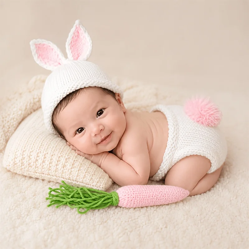 Crochet Newborn Photography Bunny Outfit Set Baby Rabbit Ear Hat And Diaper Cover Soft Knit Infant Photo Props For Boy Girl