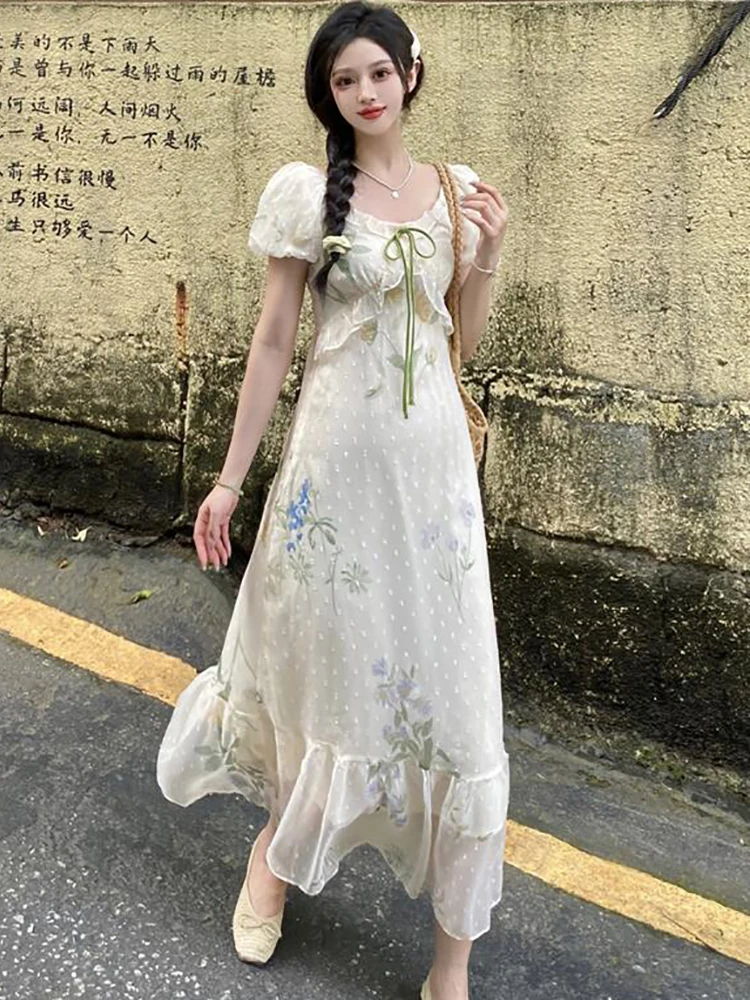 2025 Boho Floral Puff Sleeve Bow Square Collar Dress Women Elegant Casual Ruffled Beach Dress Summer Korean Bodycon Party Dress