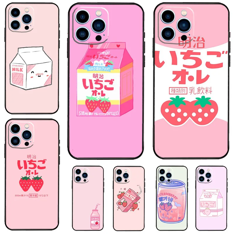 Kawaii Japanese Strawberry Milk Case For Samsung Galaxy S26 Ultra S24 S23 S22 S21 S25 Ultra S10 S20 Plus S25 FE Cover Funda