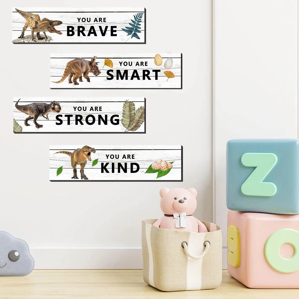 4 Pieces Dinosaur Motivational Wall Stickers Dinosaur Brave Smart Strong Kind Wall Decals Bedroom Playroom Home Decor