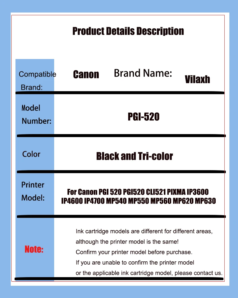 vilaxh PGI-520 CLI-521 Ink Cartridge For Canon PGI 520 PGI520 CLI521 PIXMA IP3600 IP4600 IP4700 MP540 MP550 MP560 MP620 MP630