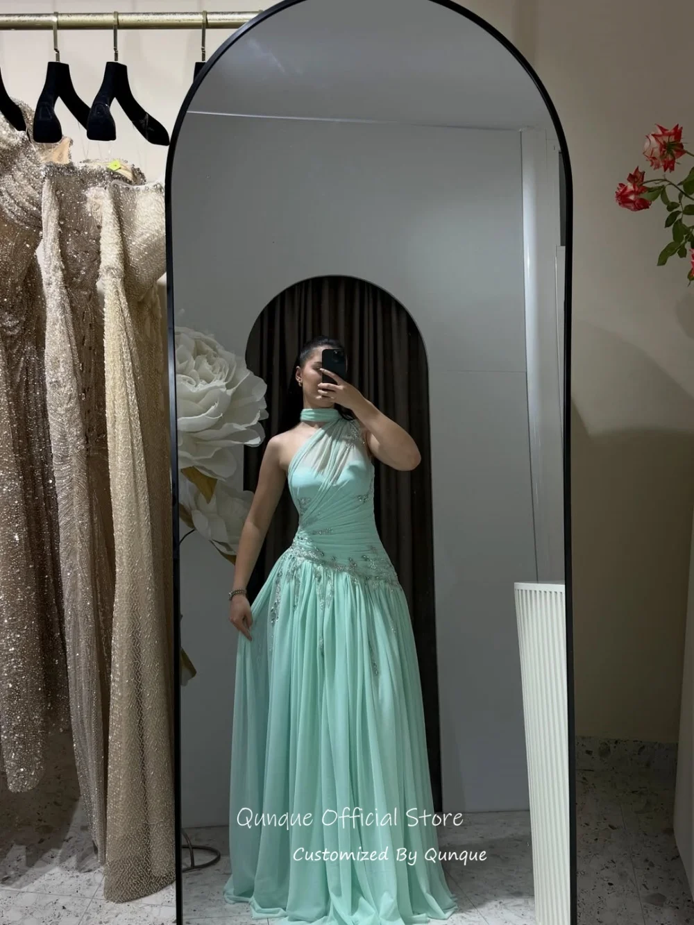 Qunque Mint Green Shining Beaded Rhinestone Evening Dresses Elegant Vestido De Fiesta Pleated Chiffon Dress For Women Customized