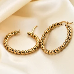 Gold Color Beaded Hoop Earrings For Women Stainless Steel Vintage Exaggerated Round Earring Fashion Accessories Party Jewelry