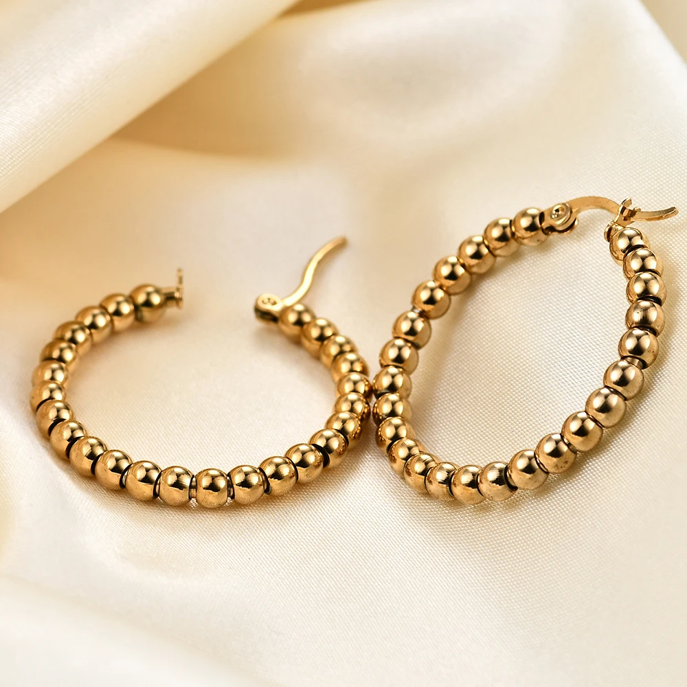 Gold Color Beaded Hoop Earrings For Women Stainless Steel Vintage Exaggerated Round Earring Fashion Accessories Party Jewelry