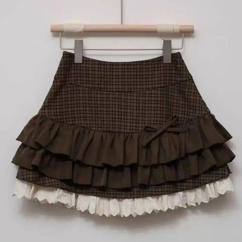Women'w Plaid Ruffled Mini Skirt with Lace Trim Bow High Waist Checkered Skirts Shoujo Girl Vintage Y2K Dark Academia Coquette