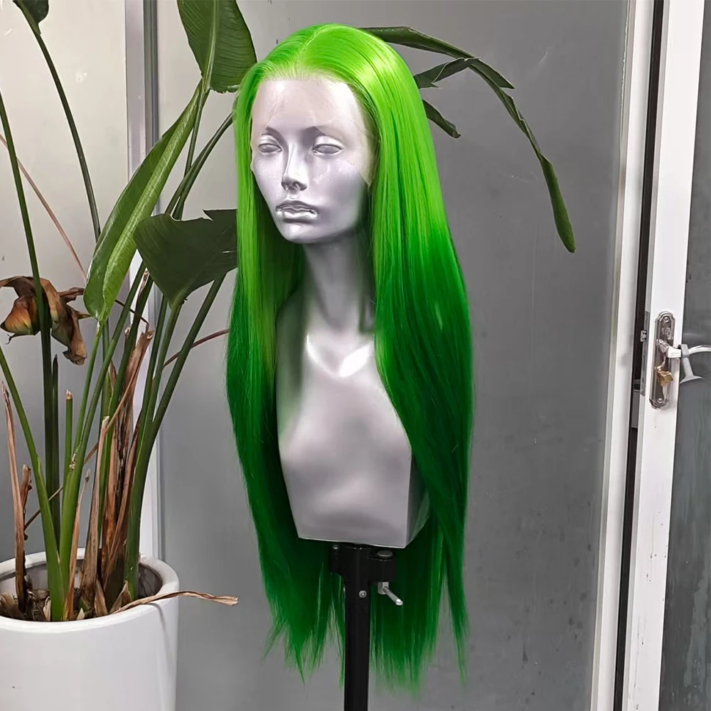 Ombre Green Straight Synthetic Wig Long Straight Two Tones Green Lace Front Wigs Pre Plucked Heat Resistant Gradient Green Hair
