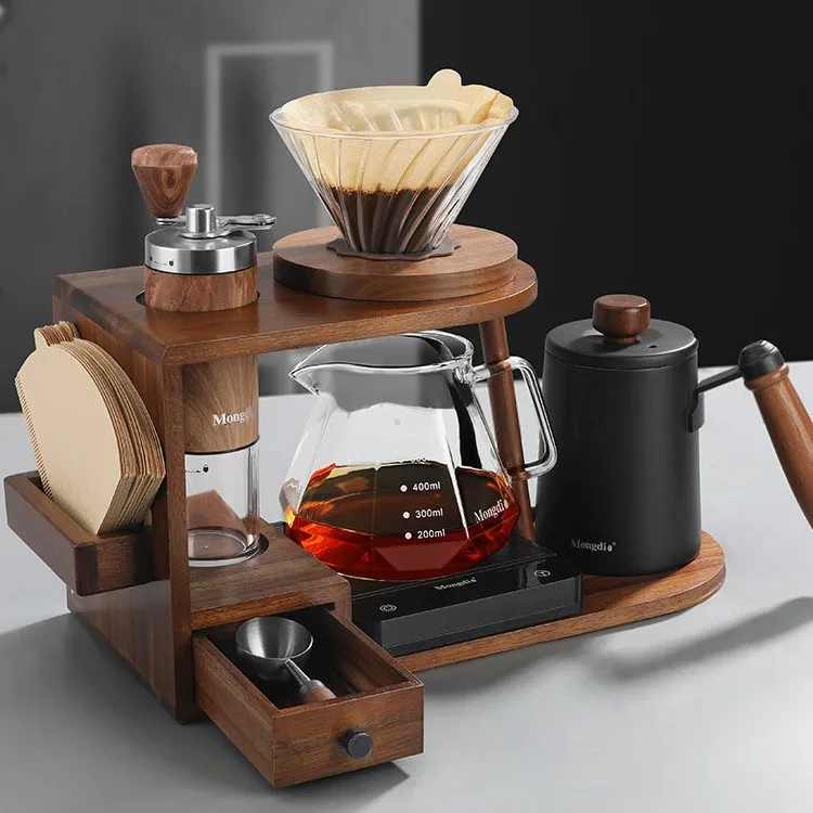 Solid wood hand brewing coffee pot set storage household and hand grinding coffee grinder coffee utensils storage rack